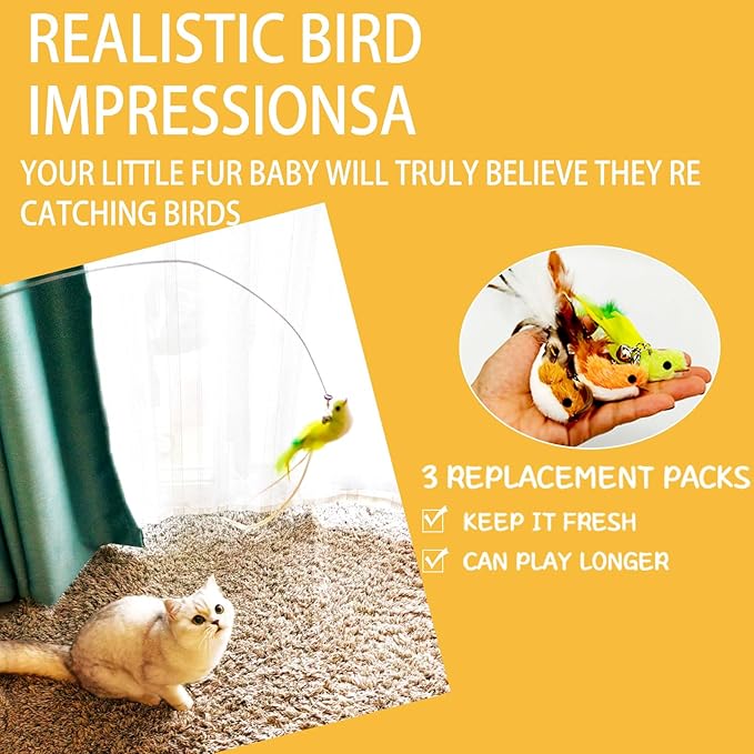 Cat Toy Wand Interactive Toys for Indoor Cat, Wire Version, Natural Bird Feather Ball Toys, 4-in-1 Refill Pet Dancing Playing Toy, cat Lures，for Indoor Cats (4 in 1, Forest Birds)