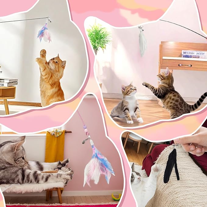 BOROLA 3 PCS Cat Feather Teaser Replacement Heads, Cat Wand Replacement Feathers with Bell, Interactive Cat Toy Attachments for Indoor Cats, DIY Cat Accessories(White, Black, Multi-Colored)