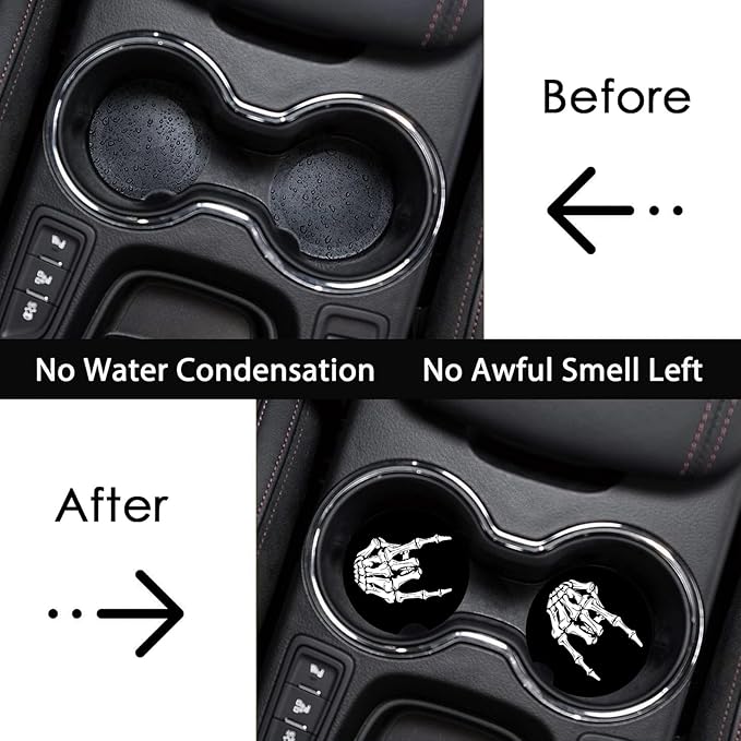 Car Coasters for Cup Holders,2 Pack Skull Skeleton Hand Car Cup Holder Coasters,2.75" Universal Size Anti Slip Rubber Mat,Middle Finger Skeleton Hand Skull Gifts for Women,Men,Mom