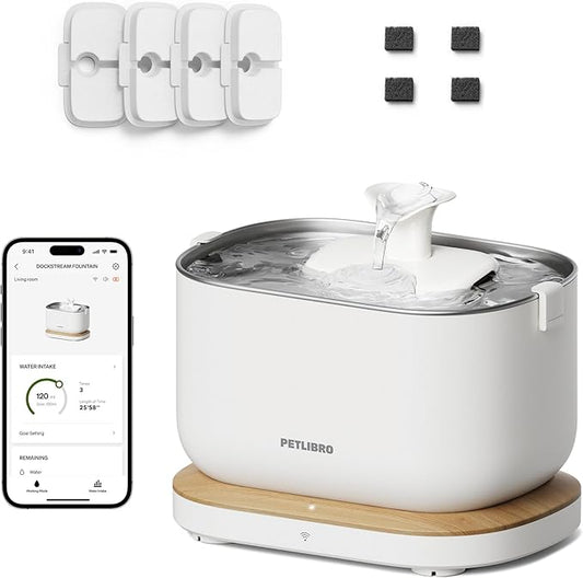 Bundle of PETLIBRO App Monitoring Cat Water Fountain with Wireless Pump, 2.5L/84oz Dockstream Pet Water Fountain for Cats Inside + 4 Packs Replacement Filters