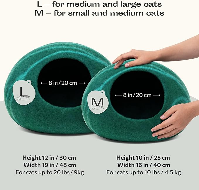 MEOWFIA Cat Cave – Premium Felt Cat Bed for Indoor Cats, Handmade 100% Merino Wool (Dark Shades) (Medium, Emerald)