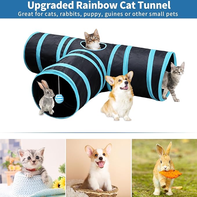 Malier Cat Toys Kitten Toys Set, Collapsible Cat Tunnels for Indoor Cats, Interactive Kitty Toys Cat Feather Toy Fluffy Mouse Crinkle Balls Cat 3 Way Tube Tunnel Toys for Cat Puppy Kitty Kitten