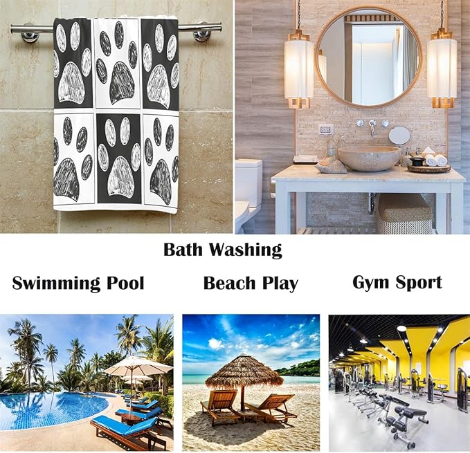 Wamika Dog Pattern Large Hand Towels Doodle Black White Dog Animals Paws Print Bath Towel Ultra Soft Highly Absorbent Multipurpose Bathroom Towel for Hand,Face,Gym,Sports and Spa Home Decor, 16x30 in