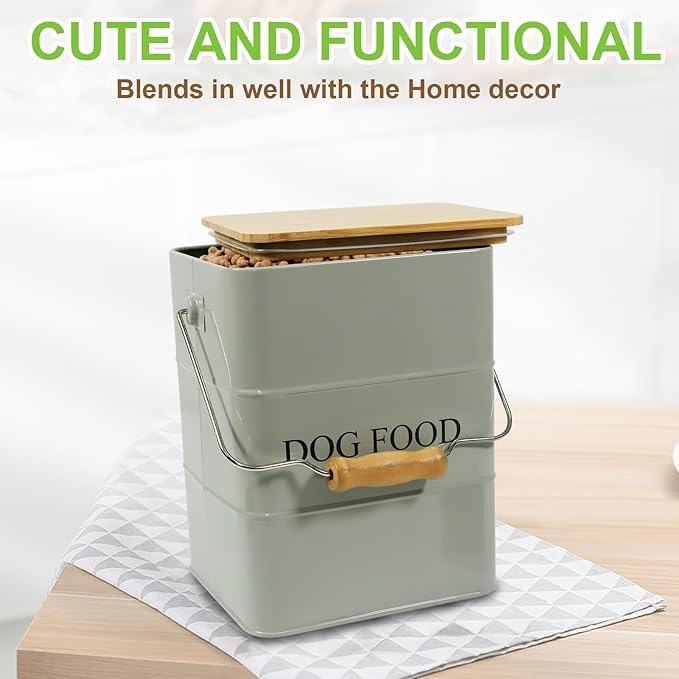 Dog Food Storage Container Dog Treats Jar, Metal Food Treats tin for Dog, pet Snacks Canisters with Wooden lid/Handle/sevice Scoop,Hold 5-6 lbs-Green