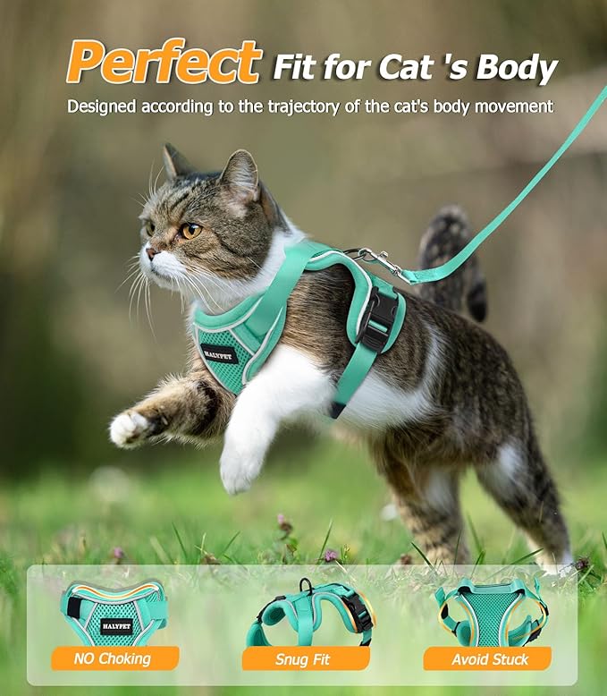 Halypet Cat Harness and Leash Set [MAX Safety 4th-Gen Upgrade] Escape Proof Adjustable Cat Leash Comfortable Soft Vest Easy to Wear Kitten Harness with Reflective Strip for Cats Walking, XS Green
