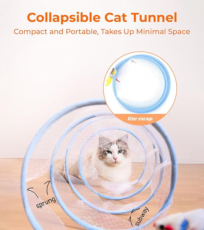 Cat Tunnel - Interactive S Type Folded Spring Toy, for Indoor Cats,Kitties, Rabbit and Small Puppy, Blue