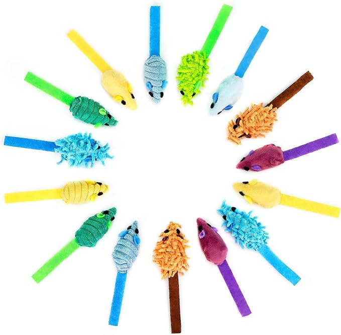 CHIWAVA 27PCS 2" Striped Shaggy Cat Toy Mice with Rattle Assorted Small Mouse Interactive Play for Indoor Cats Mix Color