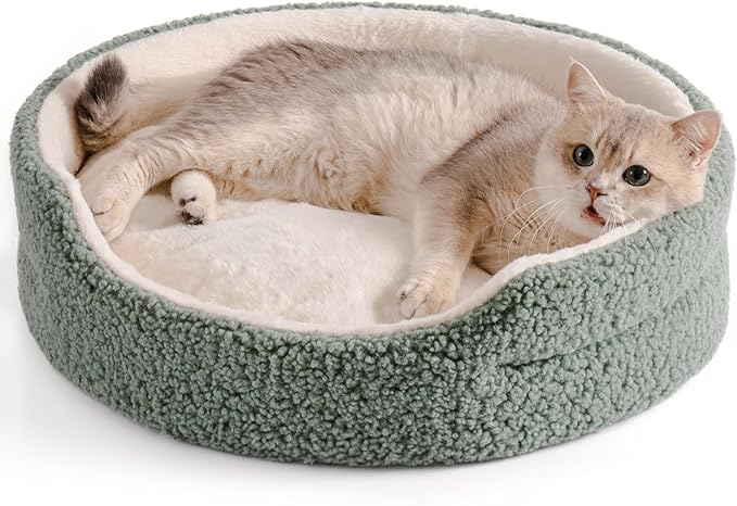Mewoo Cat Beds for Indoor Cats - Round Dog Beds for Small Dogs, Washable Pet Bed for Kitten and Puppy with Non-Slip Bottom (Sage Green, 23.0" L X 23.0" W X 7.0" Th)