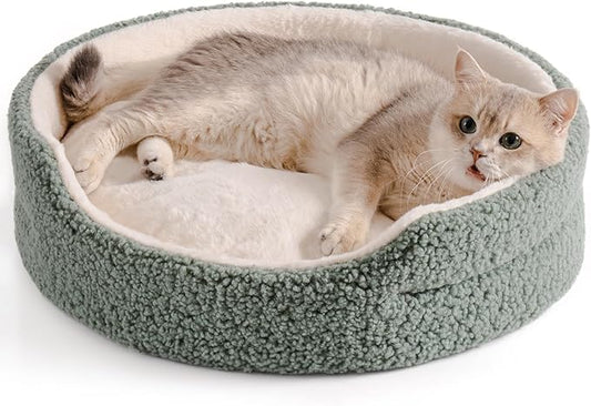 Mewoo Cat Beds for Indoor Cats - Round Dog Beds for Small Dogs, Washable Pet Bed for Kitten and Puppy with Non-Slip Bottom (Sage Green, 23.0" L X 23.0" W X 7.0" Th)