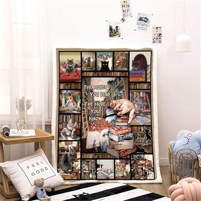 Book Lovers Gifts Throw Blanket,Cat Gifts for Cat Lovers Blanket,Cat Lover Gifts for Women,Gifts for Book Lovers, Soft Cat and Books Blanket for Sofa Couch Beds Decoration Christmas 50x60