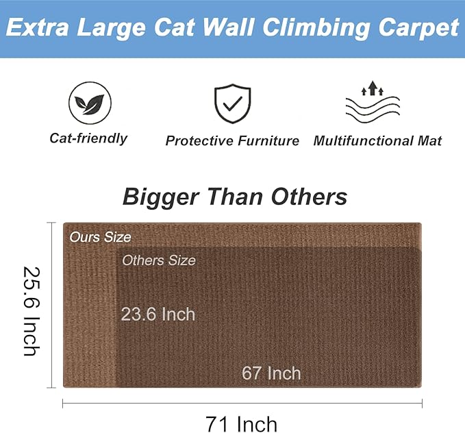 Cat Wall Climbing Carpet, Cat Wall Scratcher Mat Pad Rug, 71" X 25.6" Thickened Extra Large Size, Furniture Couch Sofa Protector Scratching Post with Fixed Nails Double Sided Strong Sticky Tape Brown