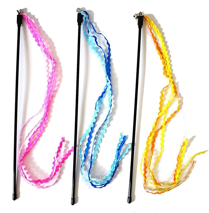 Cat Wands, 3 PCS String Cat Toys Colorful Ribbon Cat Stick Interactive Cat Teaser Wand for Cat Kitten Kitty Playing Toy