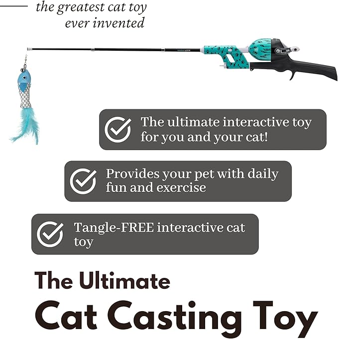 Cat Caster Fishing Pole Toy | Tangle Free, Retractable & Easy to Store. Includes Two Interchangeable Teaser Toys | The Ultimate Gift for Kitty Lovers, Fish Bone