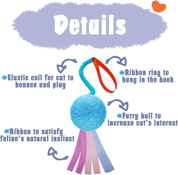 4Pcs Cat Crinkle Interactive Toys Colorful Furry Balls Sounable with Ribbon and Elastic Coil Spiral Springs Chasing Toys for Indoor Feline Kitten Door Hanging Cats Teaser Toys