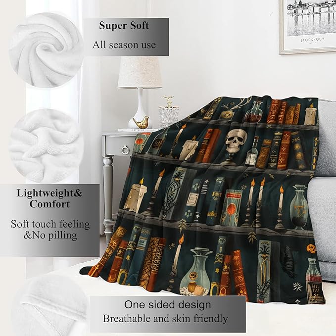Goth Book Blanket Vintage Books & Skull Throw Blankets Gifts for Girls Women Adults Lightweight Soft Fleece Cozy for Sofa Couch Bed Room Travel Birthday Party Gothic Decor 60x80in
