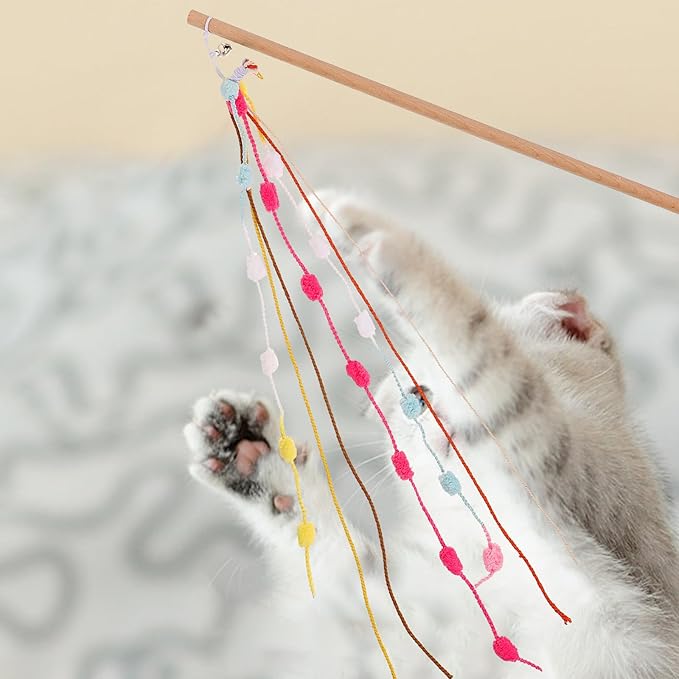 LOGOFUN Cat Teaser Toys Interactive Cats Teaser Feather Wand Rainbow Ribbon Pet Accessories for Cat Kitten Having Fun Exerciser Playing
