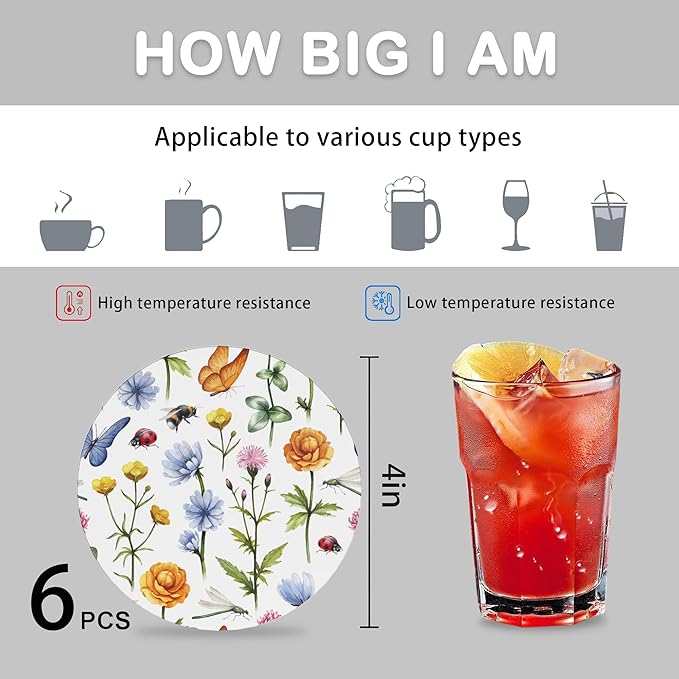 6 Pcs Drink Coasters with Holder,Botanical Flowers Absorbent Round Ceramic Coaster for Tabletop Protection,for Coffee Cup Beverage Coasters Wine Beer Bar