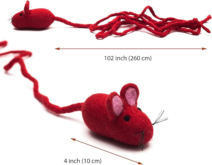 Glaciart One Felt Mouse Cat Toy – Soft Fuzzy Enrichment 100% Natural Wool Toy - Interactive Catnip Play Cat Toy Set - Safe for Pets, Non-AZO Colored Dyes - 100” Long
