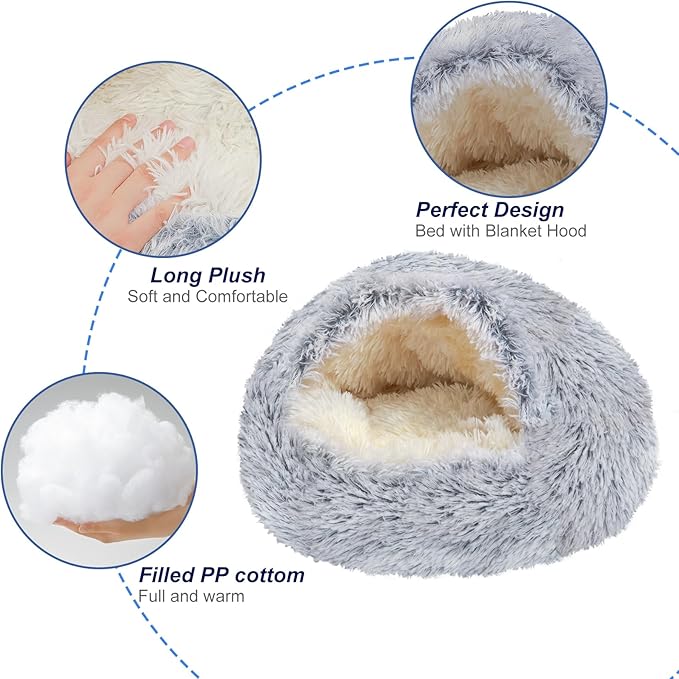 Deblue Soft Cat Cave Beds for Indoor Cats, Round Warm Cat Beds with Hooded Cover, Waterproof Bottom Long Plush Covered Sleeping Cozy Pet Bed for Puppies and Cats (Large)