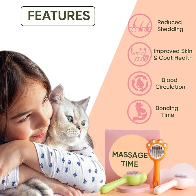 Cat & Dog Brush with Release Button, Shedding Grooming Brush for Indoor Pets, Self Cleaning Hair Comb, Removes Loose Fur & Massages, Orange