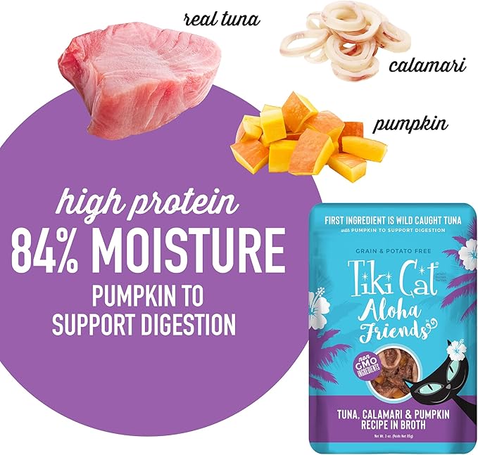 Tiki Cat Aloha Friends, Tuna, Calamari & Pumpkin, Grain-Free & High Moisture, Wet Cat Food for All Life Stages 3 oz. Pouch (Pack of 12)