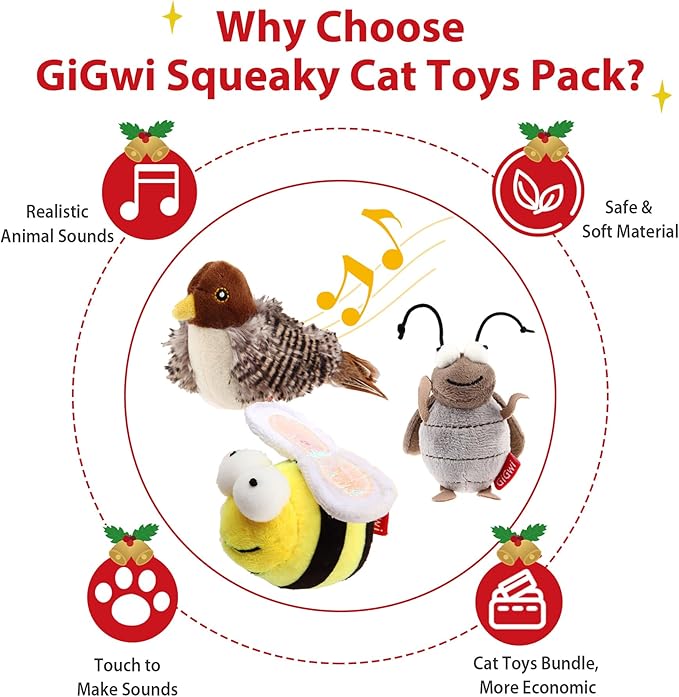Gigwi Automatic Cat Toys Pack, Interactive Cat Toys Electronic Squeaky Animals Bird/Cricket/Bee, Plush Toys for Cats to Play Alone, Play and Squeak Cat Toys for Indoor Cats Boredom, 3 Pcs