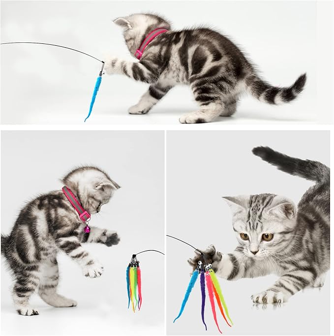 cobee 12pcs Cat Worm Toy Refills, Cat Wand Toy Replacement Refills Furry Tail Worm with Bells Assorted Cat Interactive Toy Refills with Bell for Cat Kitten Worm Refills Attachment for Cat Wand