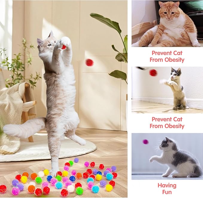 BooTaa Pet Toys, Interactive Cat Toy Set, 80pcs Glitter Pom-Poms Cat Ball Toy with 1 Launcher, Safe Soft Cat Toy Balls for Fetch, Training, Playing
