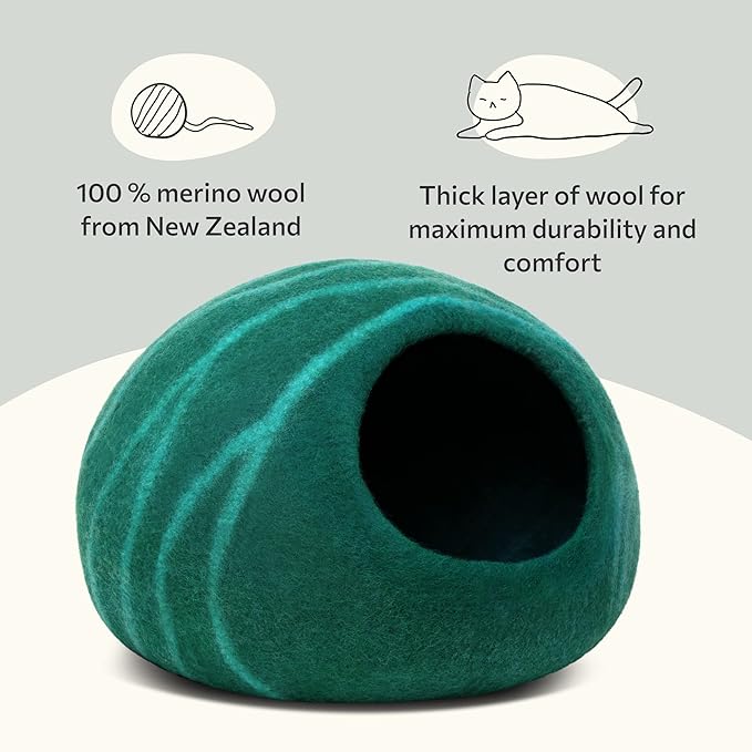 MEOWFIA Cat Cave – Premium Felt Cat Bed for Indoor Cats, Handmade 100% Merino Wool (Dark Shades) (Large, Emerald)