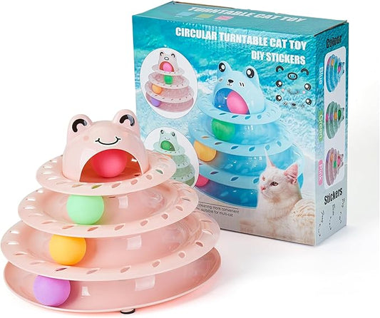 Suhaco Interactive Cat Toys for Indoor Cats Fun Roller 4 Level Cat Tower with Cute Stickers Turntable Kittens Ball Teaser Toy (Pink)