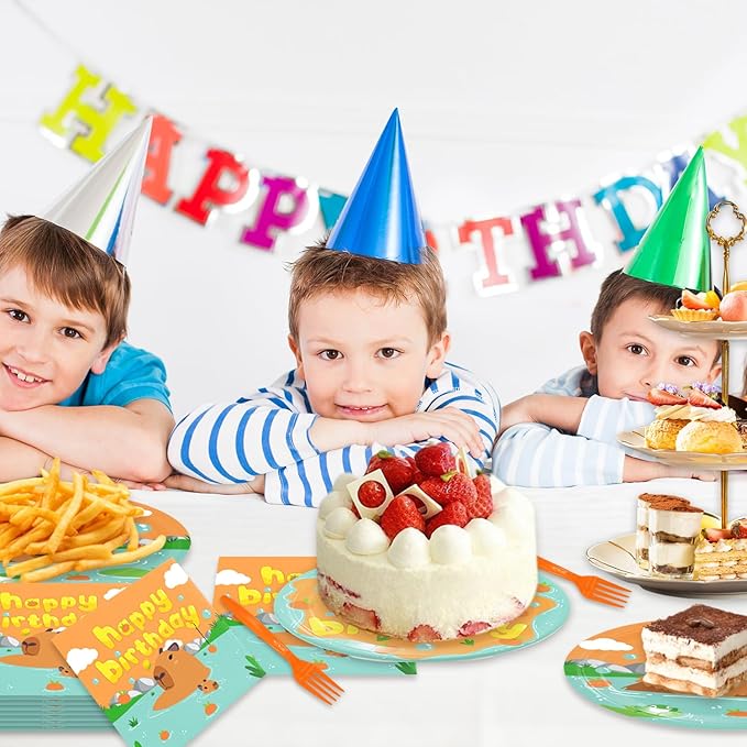 48Pcs Kapybara Birthday Party Supplies Cartoon Animal Theme Tableware Set Plates and Napkins Forks Serves 16 Guests Cute Capy Baby Shower Birthday Party Decorations