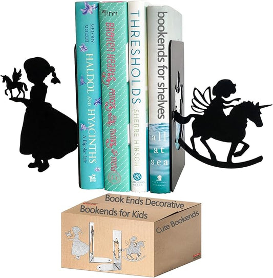 Bookends for Kids, Princess Book Ends for Girl's Room Unicorn Book Ends Angel Bookends - Book Holder for Baby Nursery Books, Gifts for Brides (A Pair)