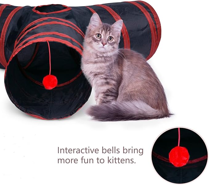 Cat Tunnel, Collapsible Tube with 1 Play Ball Kitty Toys, 3 Ways Cat Tunnels for Indoor Cats, Puppy, Kitty, Kitten, Rabbit (Black and Red)…