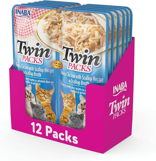 INABA Twin Packs for Cats, Shredded Chicken & Broth Gelée Side Dish/Topper Pouch, 1.4 Ounces per Serving, 12 Pouches, Tuna & Chicken with Scallop Recipe in Scallop Broth