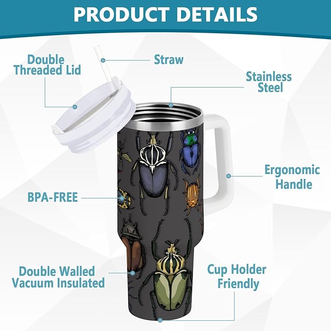 Boccsty Bright Insects Dark Insulated Tumblers Beetle Reusable Stainless Steel Tumbler 30 oz Cup Coffee Travel Mug Water Bottle with Handle & Flip Straw for Home Office Car