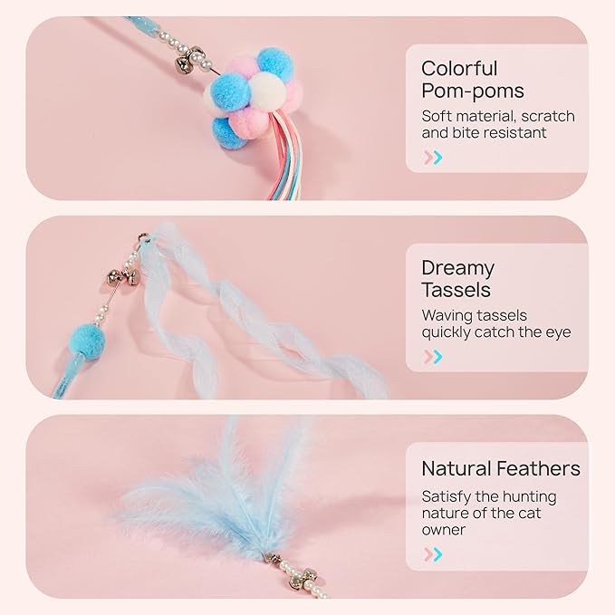 Potaroma Interactive Wand Cat Toys Toy, 5 Pcs Kitten Feather Toys for Indoor Cats to Chase and Exercise, Fun Cat Teaser, Light Blue