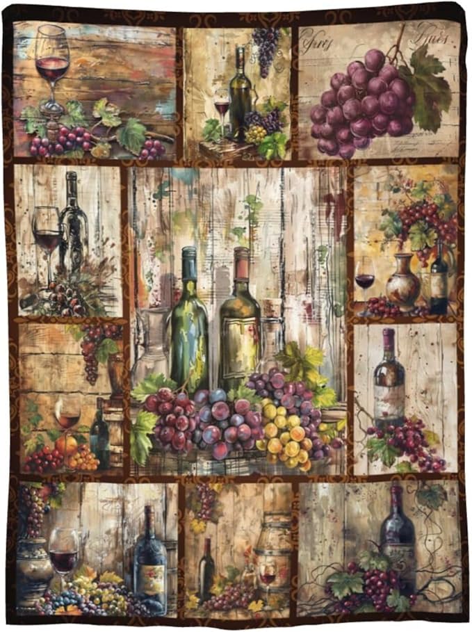 Wine Blanket Retro Wine Throw Blanket Wine Grape Stuff Merch Cozy Print Flannel Fleece Soft Plush Fuzzy Warm Lightweight Bedding Wine Gifts for Dad Women Girls Men 50"X40"