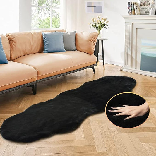 Black Shag Washable Fluffy Fur Area Rugs for Bedroom Living Room Faux Rabbit Fur Nursery Rug Runners 2x6 Cute Room Décor