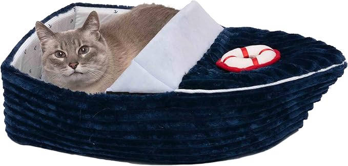 Furhaven Soft & Cozy Cat Bed w/ Catnip Toy for Indoor Cats, Washable w/ Removable Pillow Cushion Insert - Corduroy Boat Bed - Blue, Small