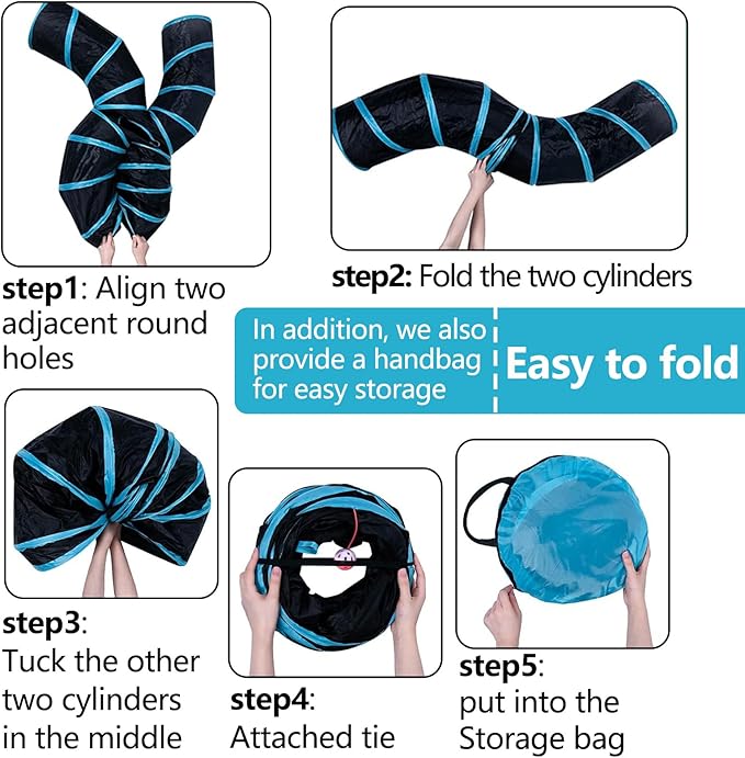 EGETOTA Cat Tunnel for Indoor Cats Large, with Play Ball S-Shape 4 Way Collapsible Interactive Peek Hole Pet Tube Toys, Puppy, Kitty, Kitten, Rabbit (S4 - Black & Blue)