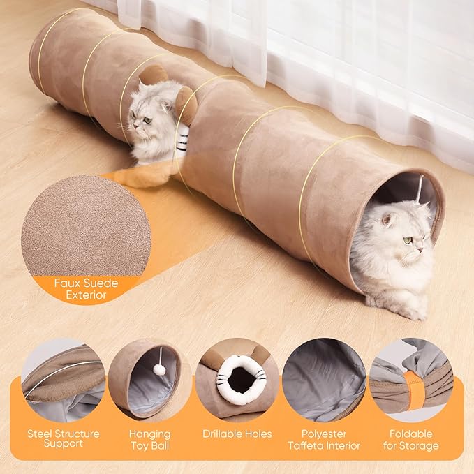 Collapsible Cat Tunnel 37.8in Straight Tube for Indoor Cats & Kittens Large Foldable Play Cave Toy with Hanging Ball & Peek Hole,Ideal for Rabbits, Ferrets, Puppies & Small Pets