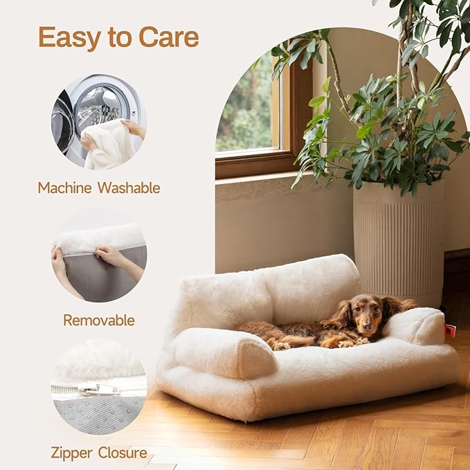 MEWOOFUN Cat Couch Bed for Indoor Cats, Washable Small Dog Beds for Medium Small Dogs & Cats up to 25 lbs, Fluffy Pet Beds with Non-Slip Bottom, 26×19×13 Inch (Beige)