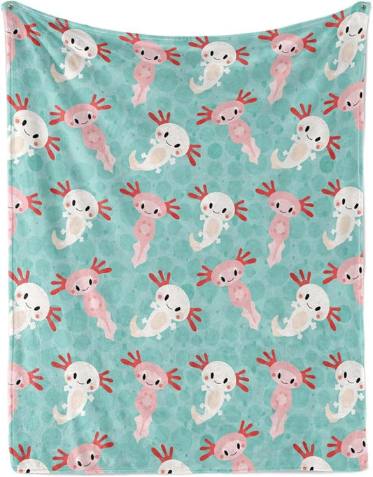 Axolotls Blanket Axolotl Present Soft Flannel Lightweight Axolotl Throw Blanket for Kids Girls Boys All Season Cartoon Salamander Blankets for Sofa Couch Bed Decorative Axolotls Green Blanket