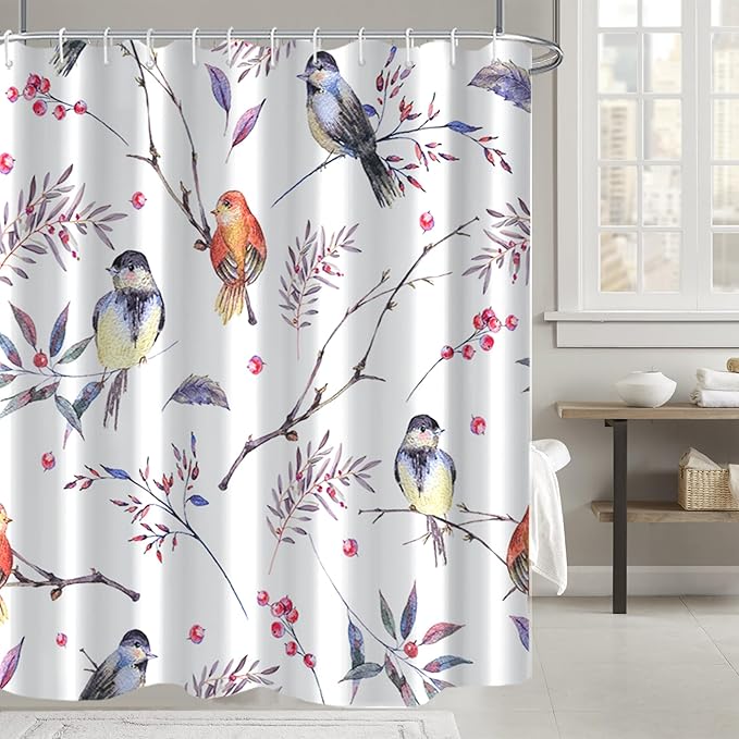 AWERT Bird Shower Curtain with Hooks Colorfur Cheery Birds on Tree Branch Shower Curtain for Bathroom Waterproof Fabric Bathroom Accessories Bathtub Decor 60x72inch