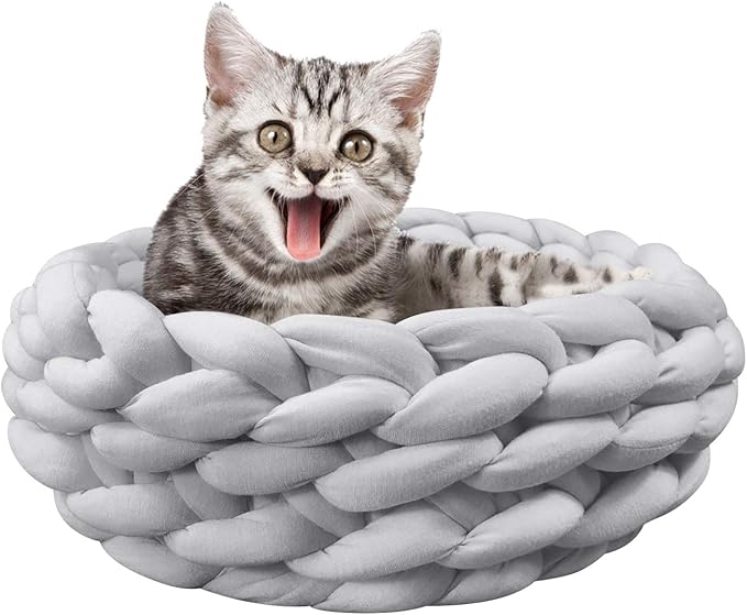 Lucky Monet Cat Basket Bed Cotton Knitted Round Pet Beds for Cats Cute Boho Cat Pet Bed Warm Woven Cat Nest for Puppy Kitten Cats Dogs (15.7", Light Gray)
