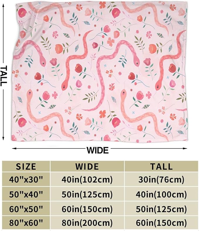Cute Snake Reptile Blanket Ultra Soft Cozy Pink Flower Snake Throw Blanket Fleece Fuzzy Plush Bedding Blanket Real Snake Lovers Gifts for Women Girls Kids Adults Couch Sofa 80"x60"