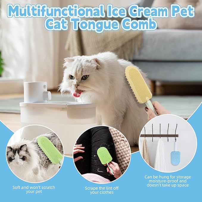 2PCS Cat Tongue Comb,Cat Tongue Brush,2024 New Cat Grooming Brush,Cat Grooming Brush for Indoor Cats,Cute Cartoon Ice Cream Cat Fur Remover Comb for Cats Grooming Easily Removes Fur Reducing Hairballs