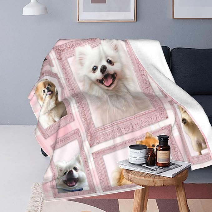 Cute Pomeranian Dog Blanket Pink Pomeranian Decor Throw Blanket Super Warm Soft Plush Lightweight Fleece Flannel Blanket Gifts for Dog Lovers Girls Women Boys Kids for Winter Couch Bedding 60"X80"