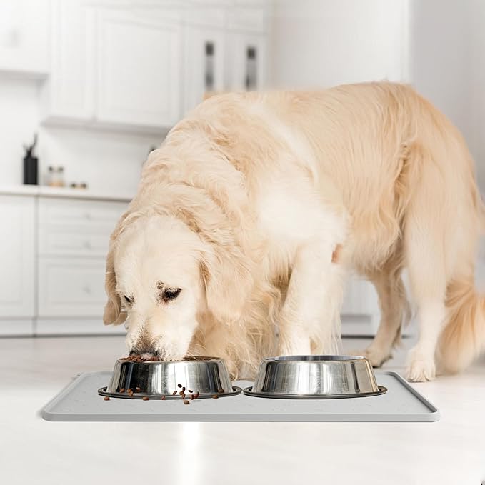 Coomazy Dog Cat Food Mat, Waterproof Non-Slip Silicone Feeding Mat for Floor, with Raised Edge to Prevent Food Spills and Water Runoff (Gray, 18.9x11.8)