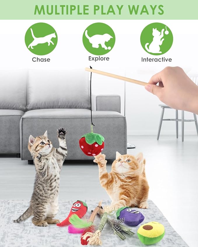 TINDTOP Silvervine Chew Sticks and Feather Toys, Interactive Cat Wand Toy with Catnip Refills Cute Muppet for Kitten Kitty